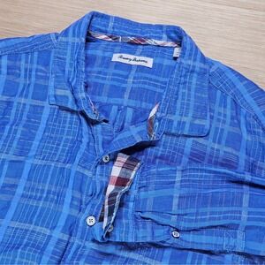 Tommy Bahama Button Up Shirt Mens XXL Blue Plaid Linen Blend Long Sleeve Casual